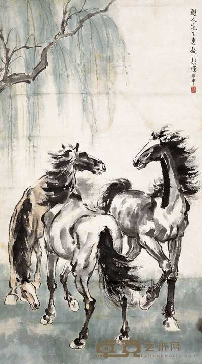 徐悲鸿 1944年作 春柳三马图 立轴 73×132.5cm